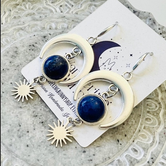 Lapis Lazuli Celestial Earrings - Handmade by Wandering Bunny LLC - Picture 4 of 7